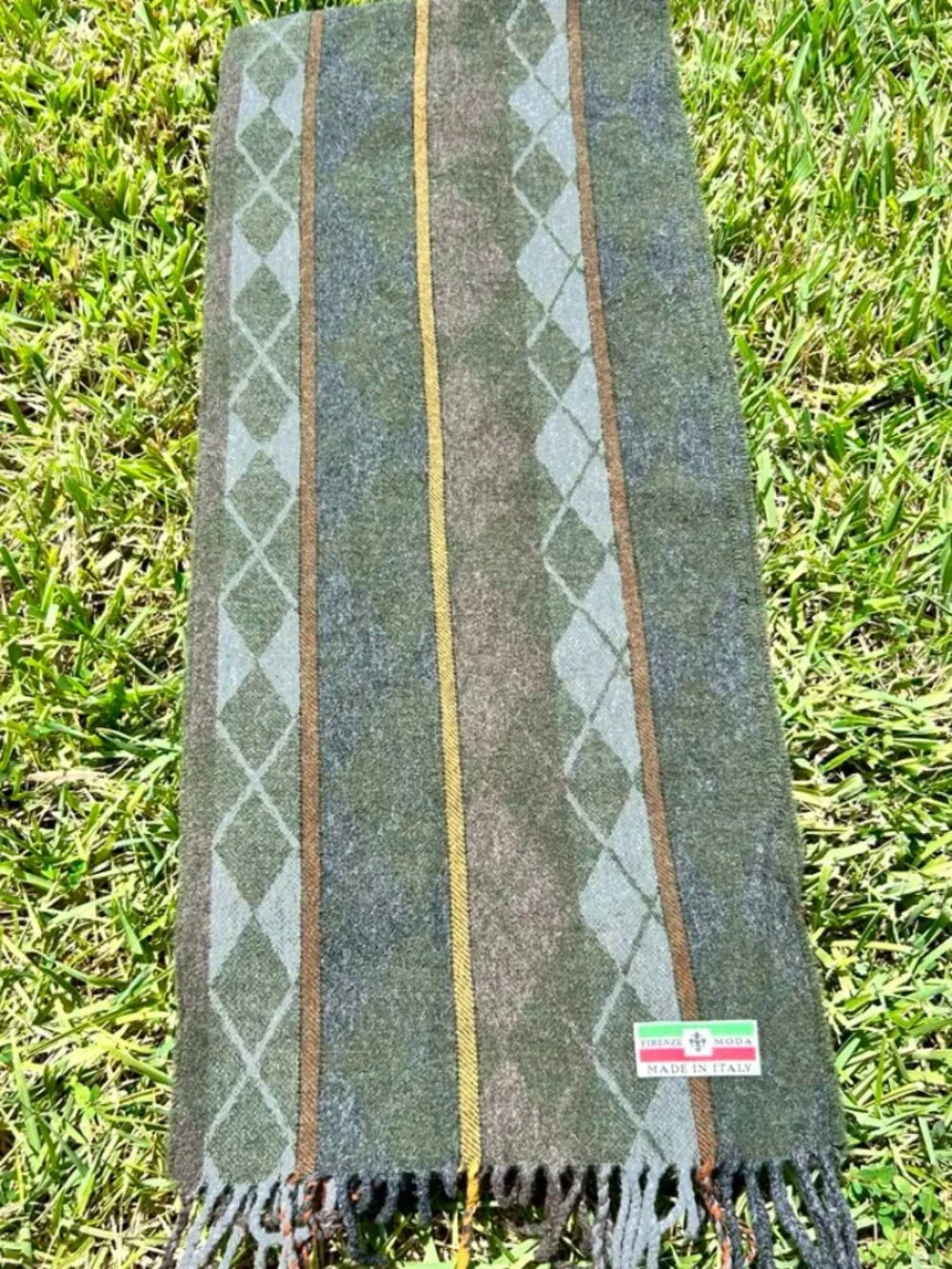 Firenze Moda 100% Pure Wool Argyle Scarf Green Gray Made in Italy NWOT 60x29